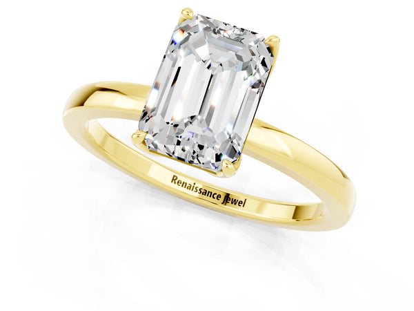 Yellow gold Emerald Cut Moissanite Solitaire Ring with Thin Band and Prong Setting