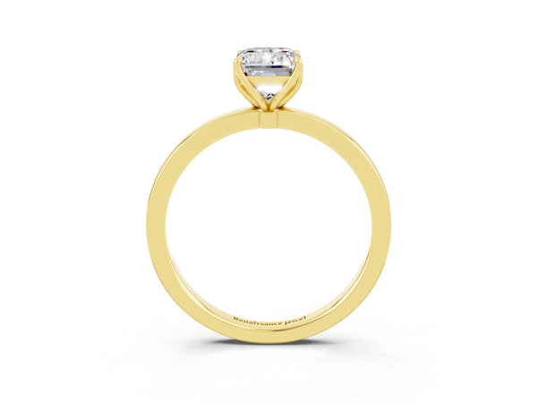 Yellow gold Emerald Cut Moissanite Solitaire Ring with Thin Band and Prong Setting