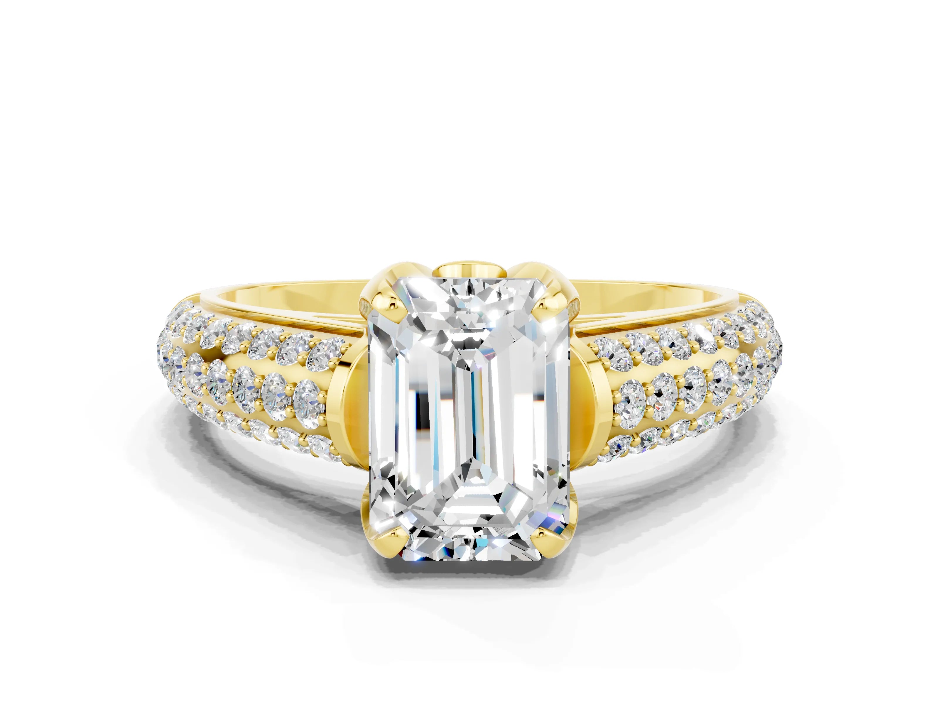 Yellow gold Emerald Cut Moissanite Solitaire Ring with Three-Row Pavé Band and Four-Prong Setting_12