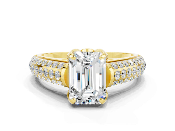 Yellow gold Emerald Cut Moissanite Solitaire Ring with Three-Row Pavé Band and Four-Prong Setting