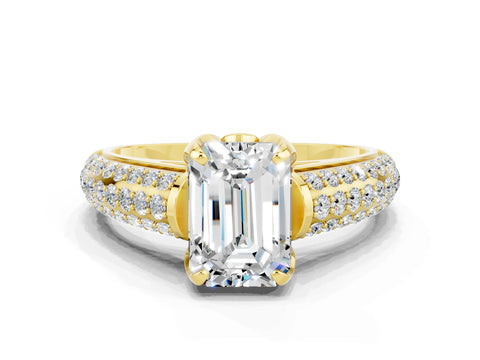 Yellow gold Emerald Cut Moissanite Solitaire Ring with Three-Row Pavé Band and Four-Prong Setting_12