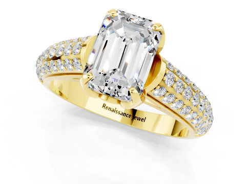 Yellow gold Emerald Cut Moissanite Solitaire Ring with Three-Row Pavé Band and Four-Prong Setting_13