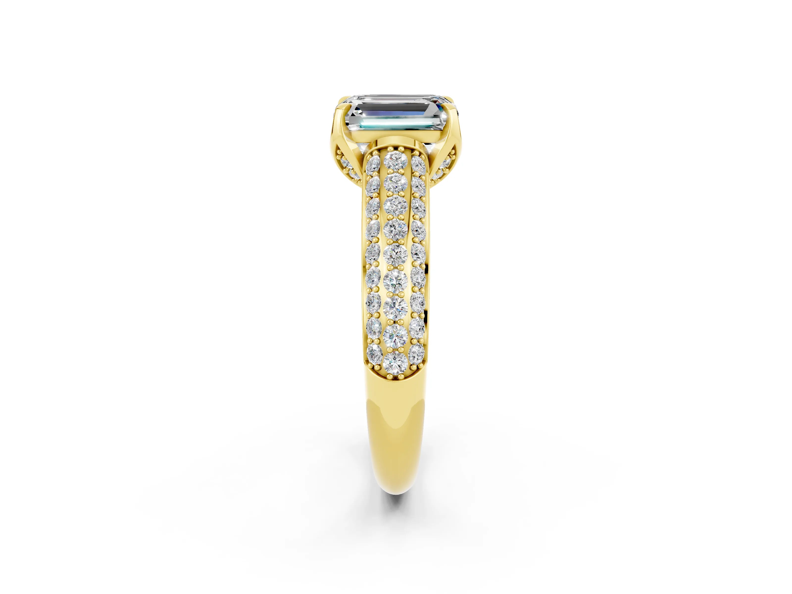 Yellow gold Emerald Cut Moissanite Solitaire Ring with Three-Row Pavé Band and Four-Prong Setting_14