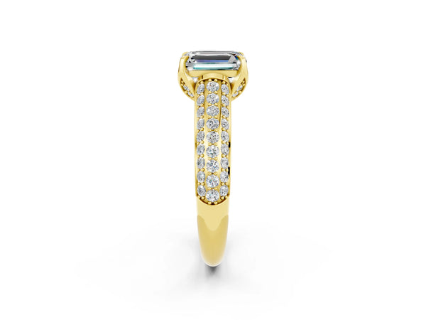 Yellow gold Emerald Cut Moissanite Solitaire Ring with Three-Row Pavé Band and Four-Prong Setting
