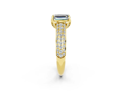 Yellow gold Emerald Cut Moissanite Solitaire Ring with Three-Row Pavé Band and Four-Prong Setting_14