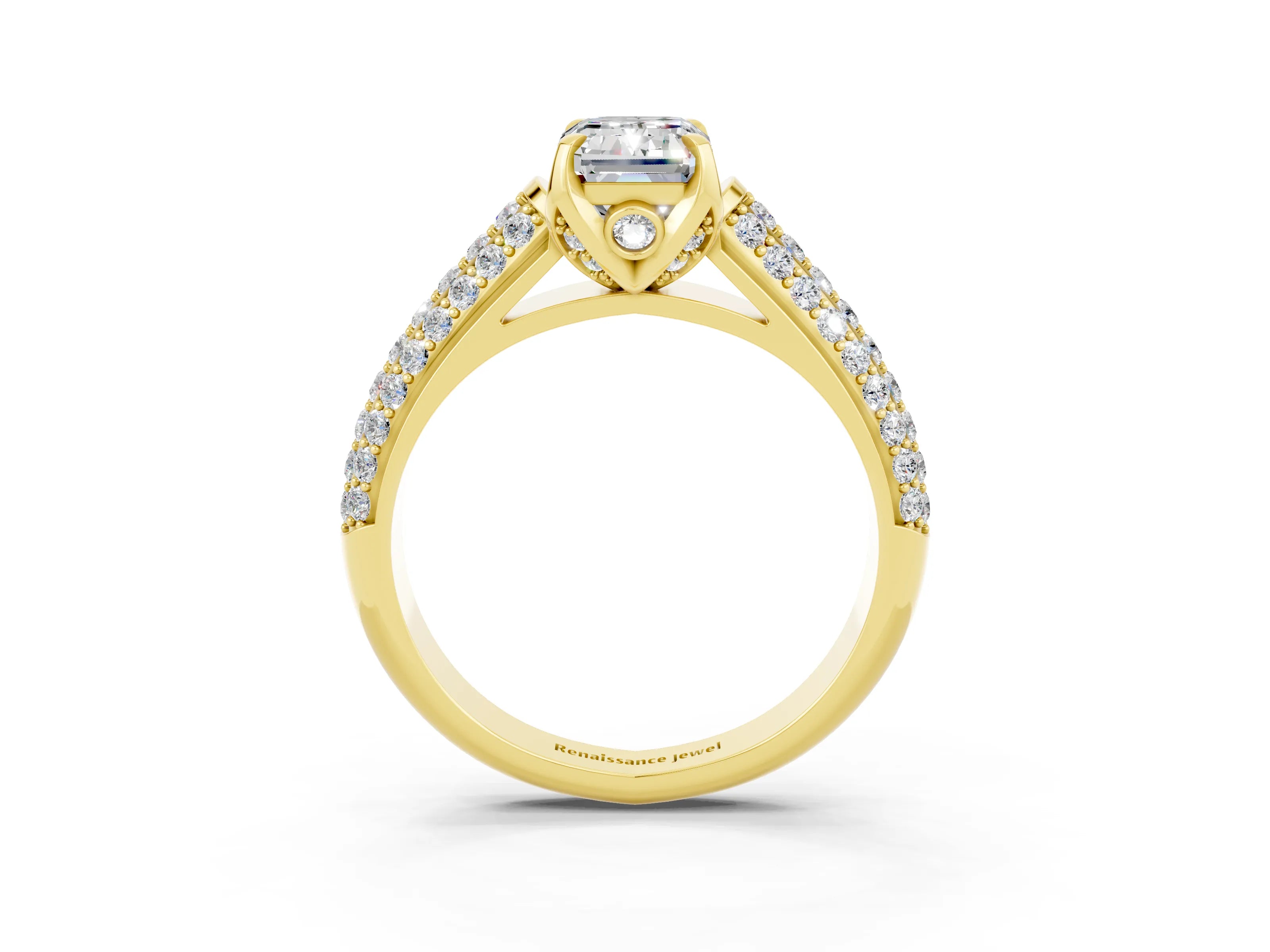 Yellow gold Emerald Cut Moissanite Solitaire Ring with Three-Row Pavé Band and Four-Prong Setting_15
