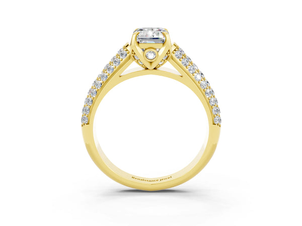 Yellow gold Emerald Cut Moissanite Solitaire Ring with Three-Row Pavé Band and Four-Prong Setting