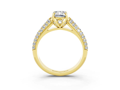 Yellow gold Emerald Cut Moissanite Solitaire Ring with Three-Row Pavé Band and Four-Prong Setting_15