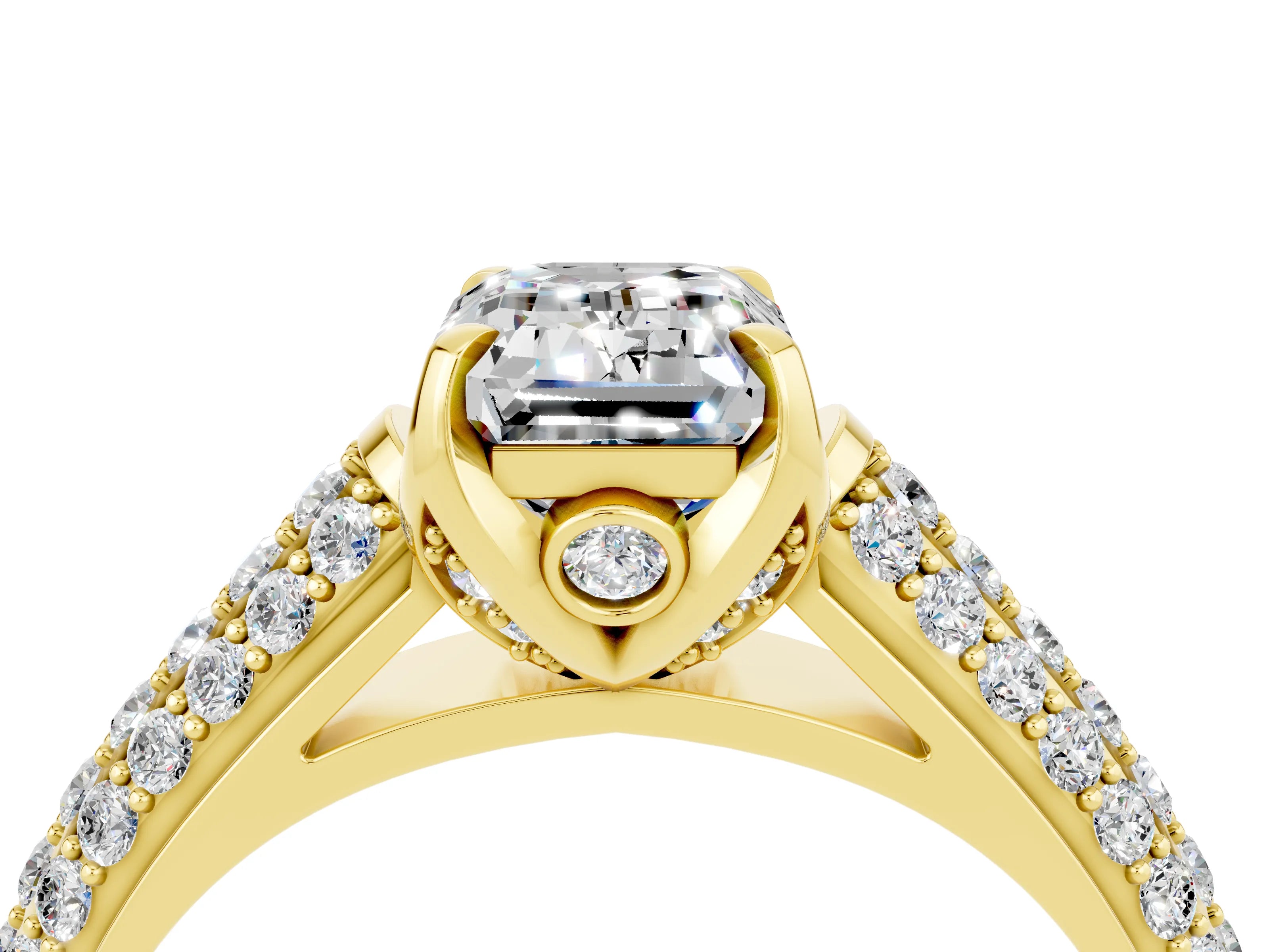 Yellow gold Emerald Cut Moissanite Solitaire Ring with Three-Row Pavé Band and Four-Prong Setting_16