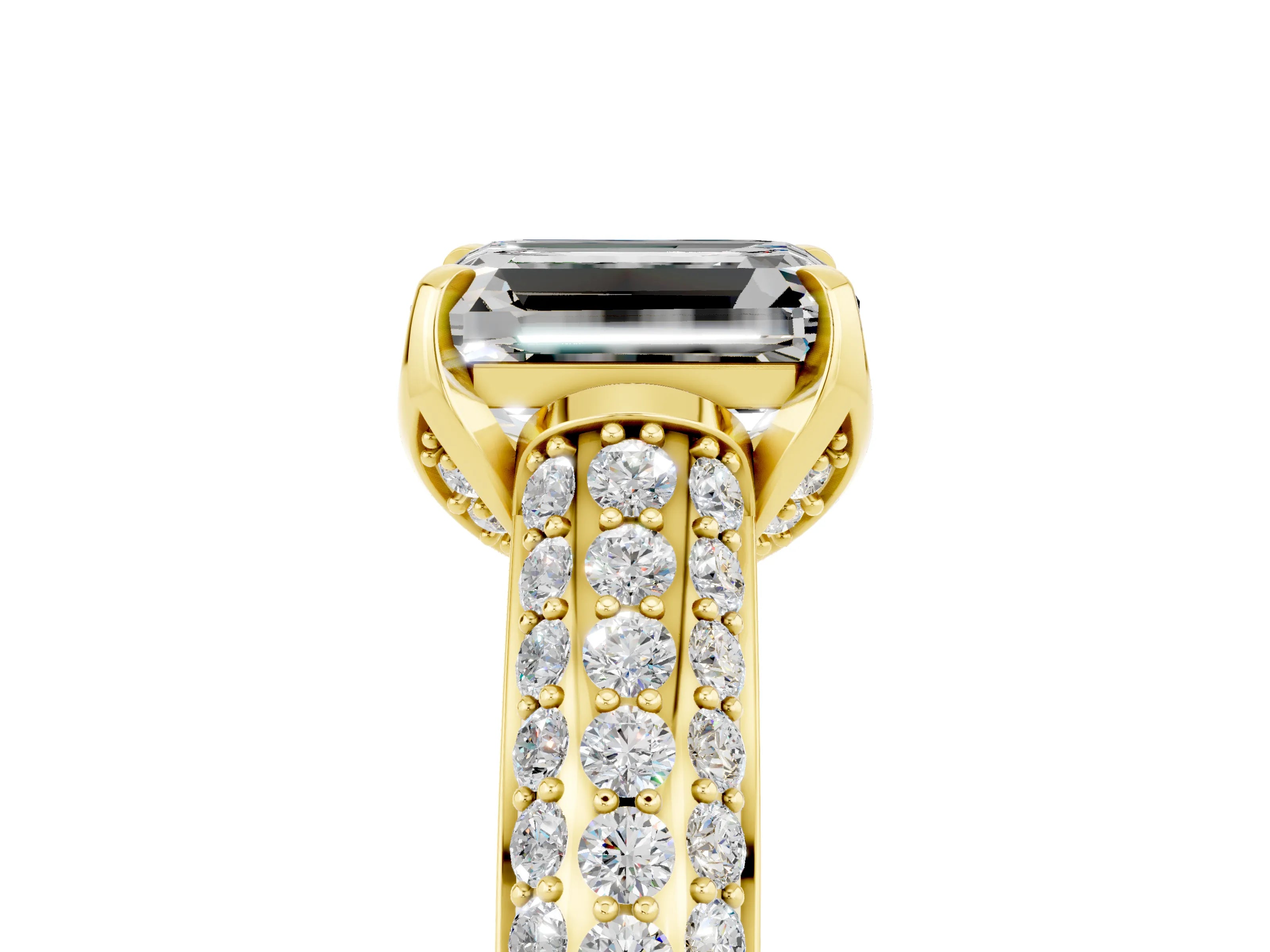 Yellow gold Emerald Cut Moissanite Solitaire Ring with Three-Row Pavé Band and Four-Prong Setting_17