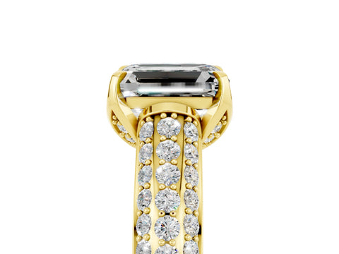 Yellow gold Emerald Cut Moissanite Solitaire Ring with Three-Row Pavé Band and Four-Prong Setting_17