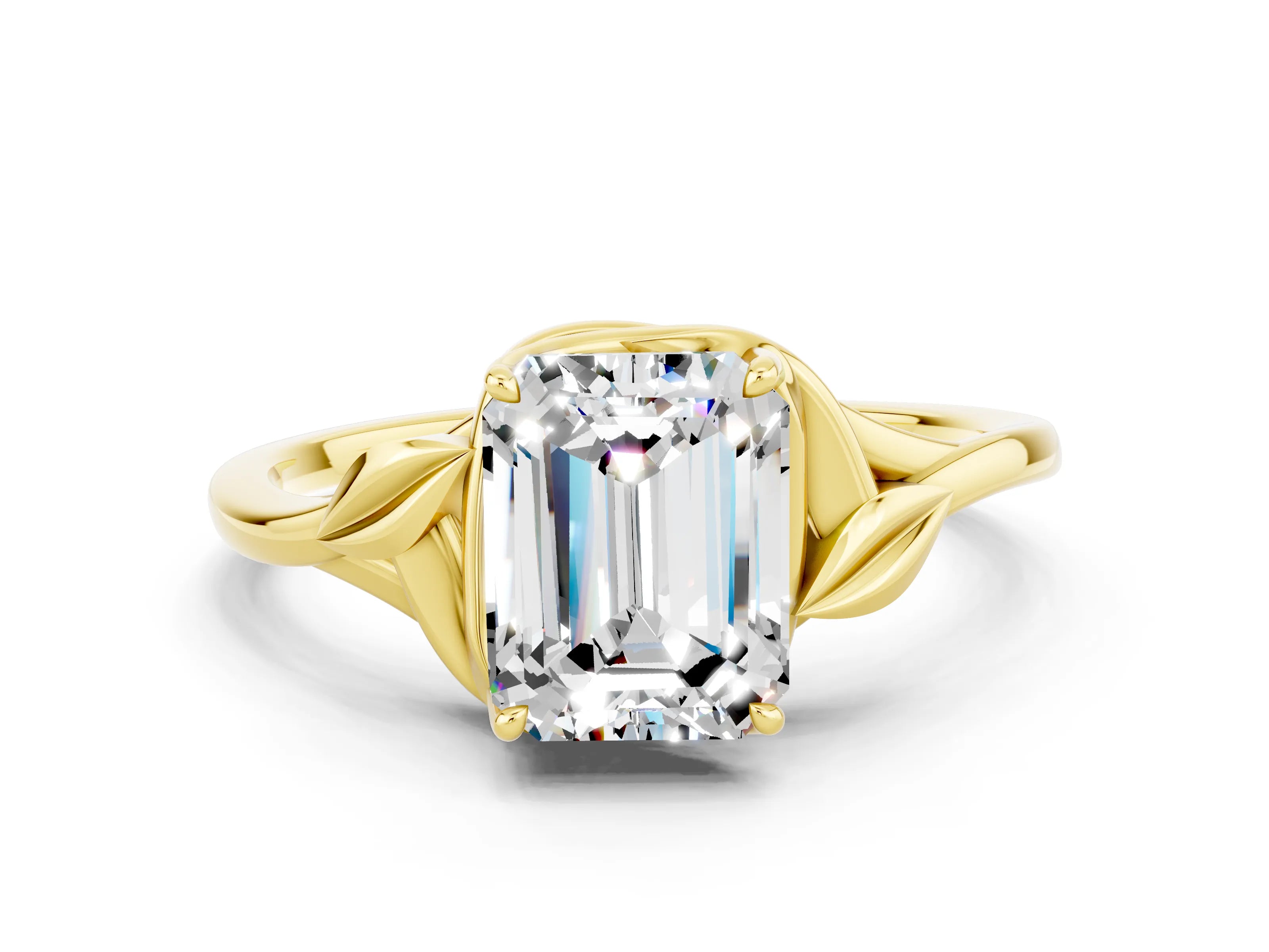 Yellow gold Emerald Cut Moissanite Solitaire Ring with Twist Band and Four-Prong Setting_24