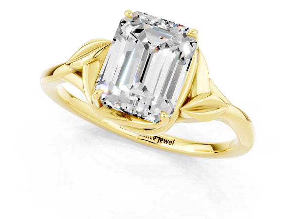Yellow gold Emerald Cut Moissanite Solitaire Ring with Twist Band and Four-Prong Setting