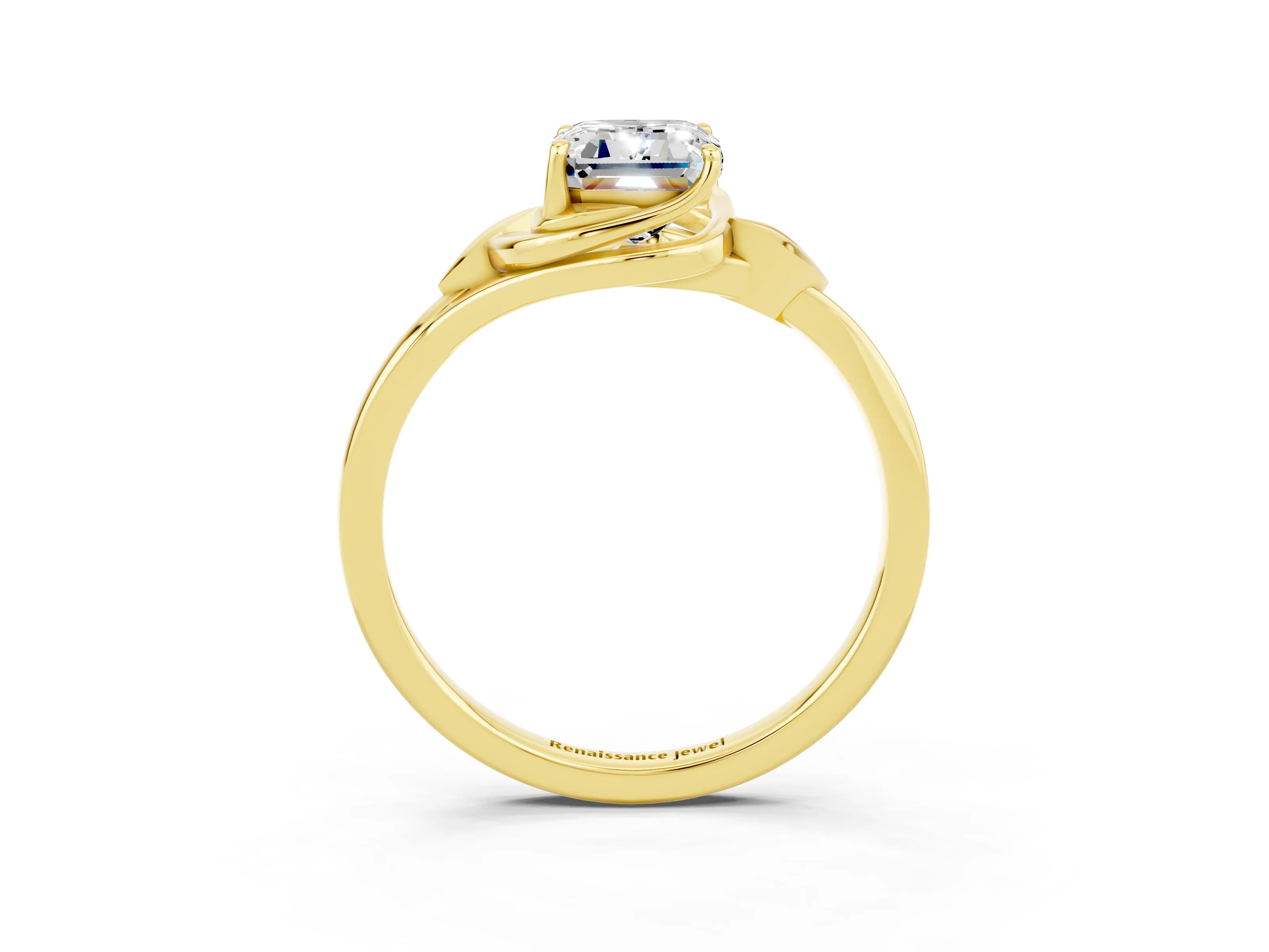 Yellow gold Emerald Cut Moissanite Solitaire Ring with Twist Band and Four-Prong Setting_27