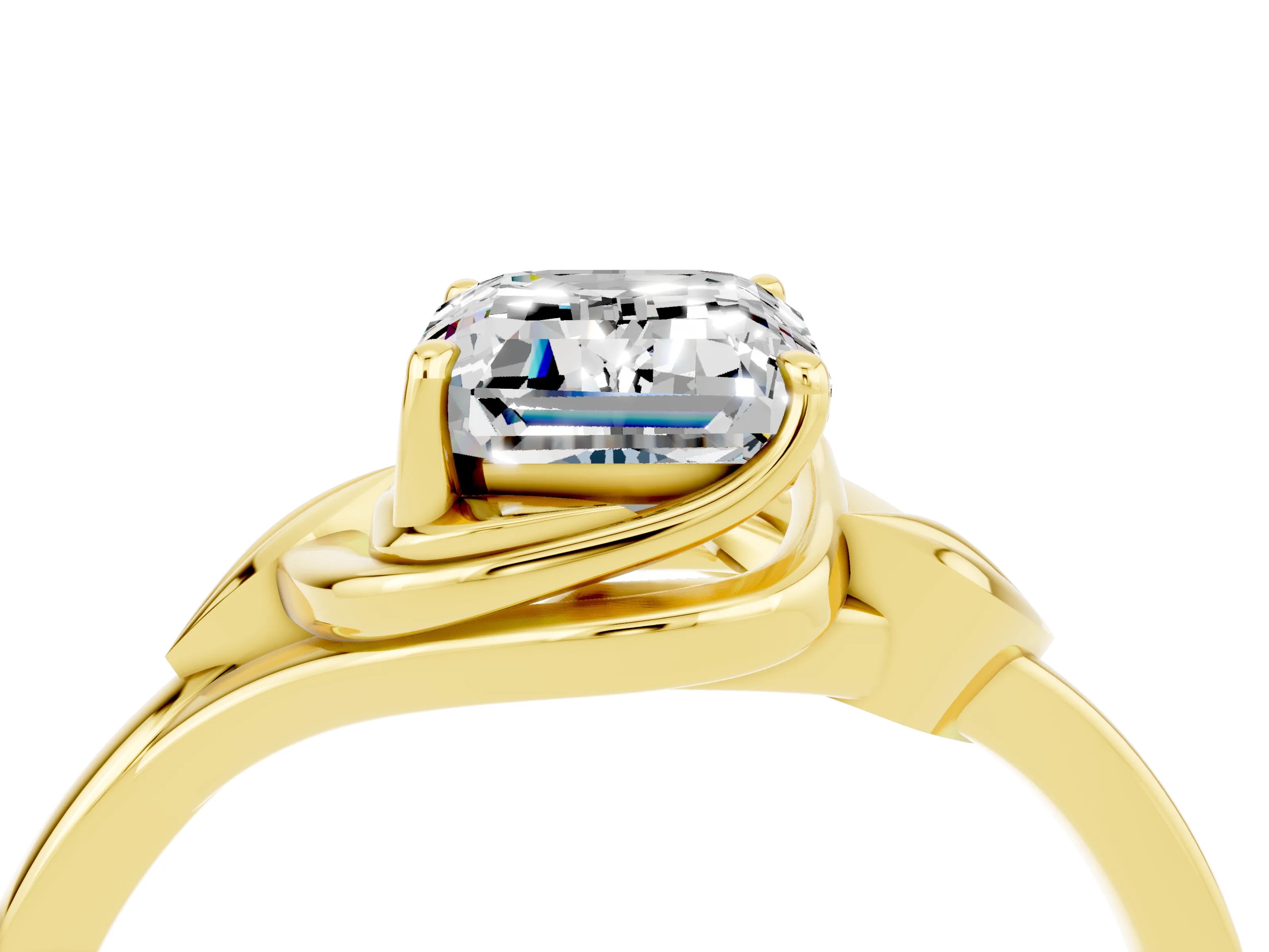 Yellow gold Emerald Cut Moissanite Solitaire Ring with Twist Band and Four-Prong Setting_28