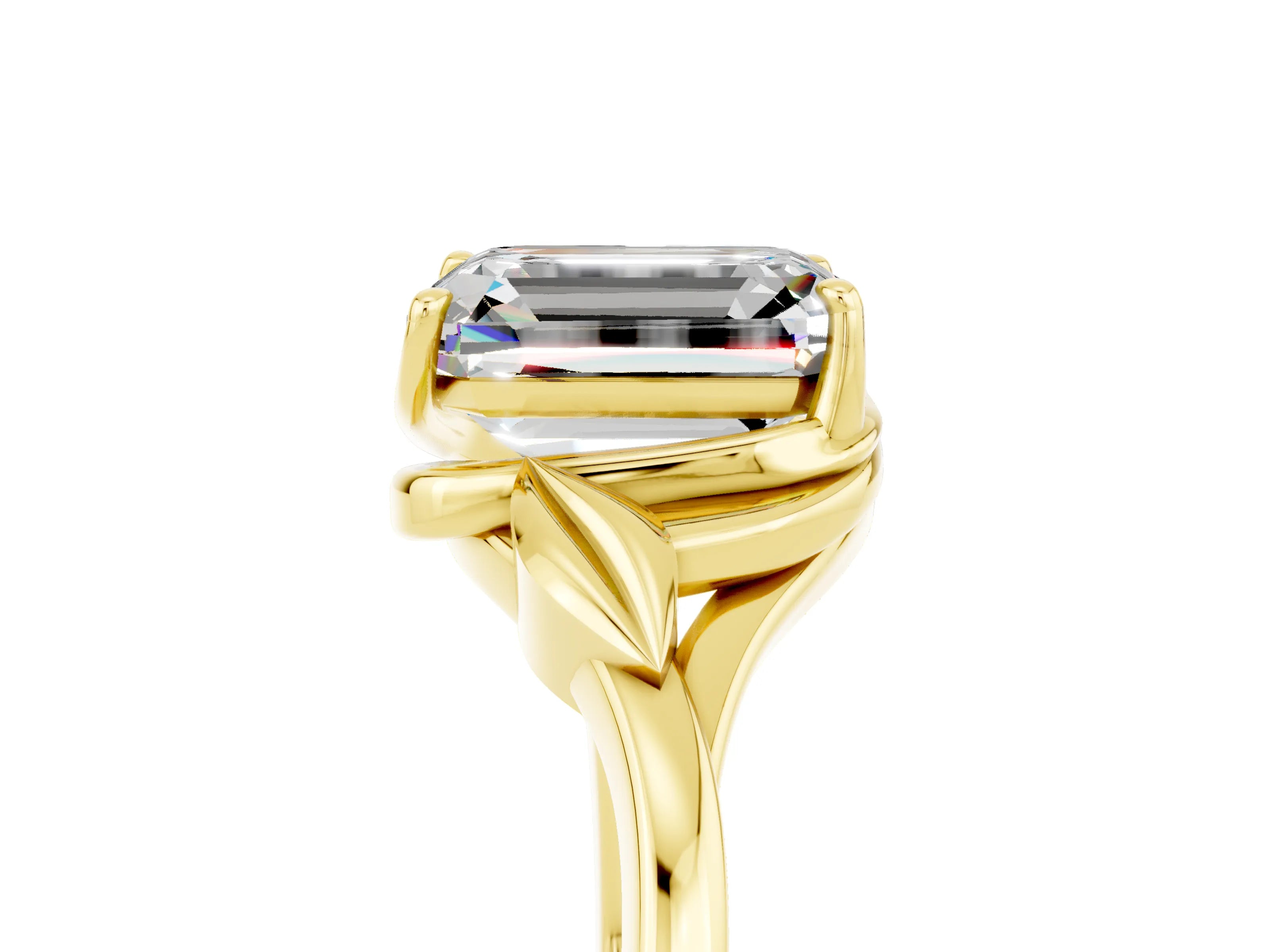 Yellow gold Emerald Cut Moissanite Solitaire Ring with Twist Band and Four-Prong Setting_29