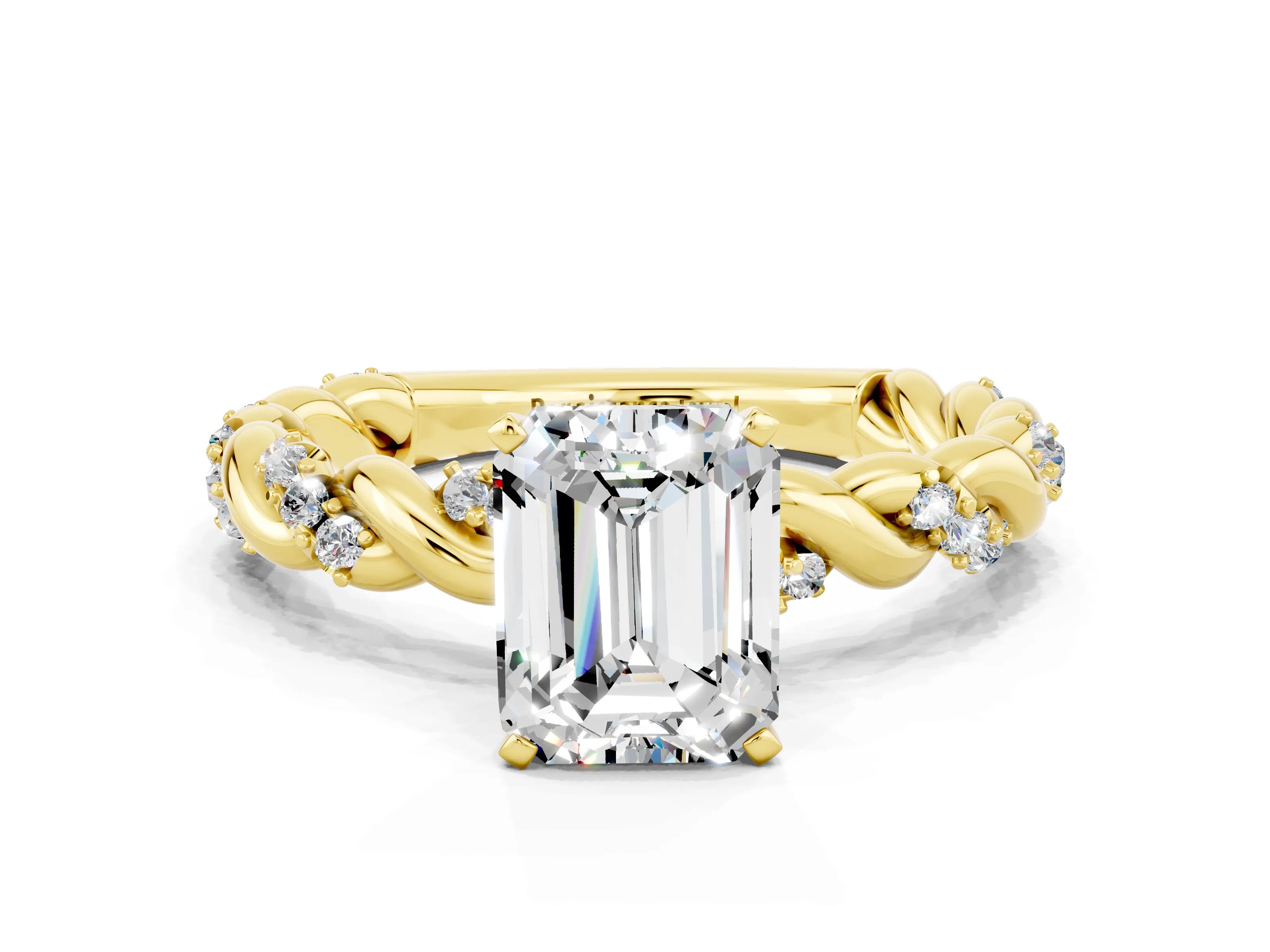 Yellow gold Emerald Cut Moissanite Solitaire Ring with Twisted Band and Pavé Accents