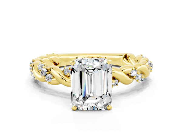 Yellow gold Emerald Cut Moissanite Solitaire Ring with Twisted Band and Pavé Accents