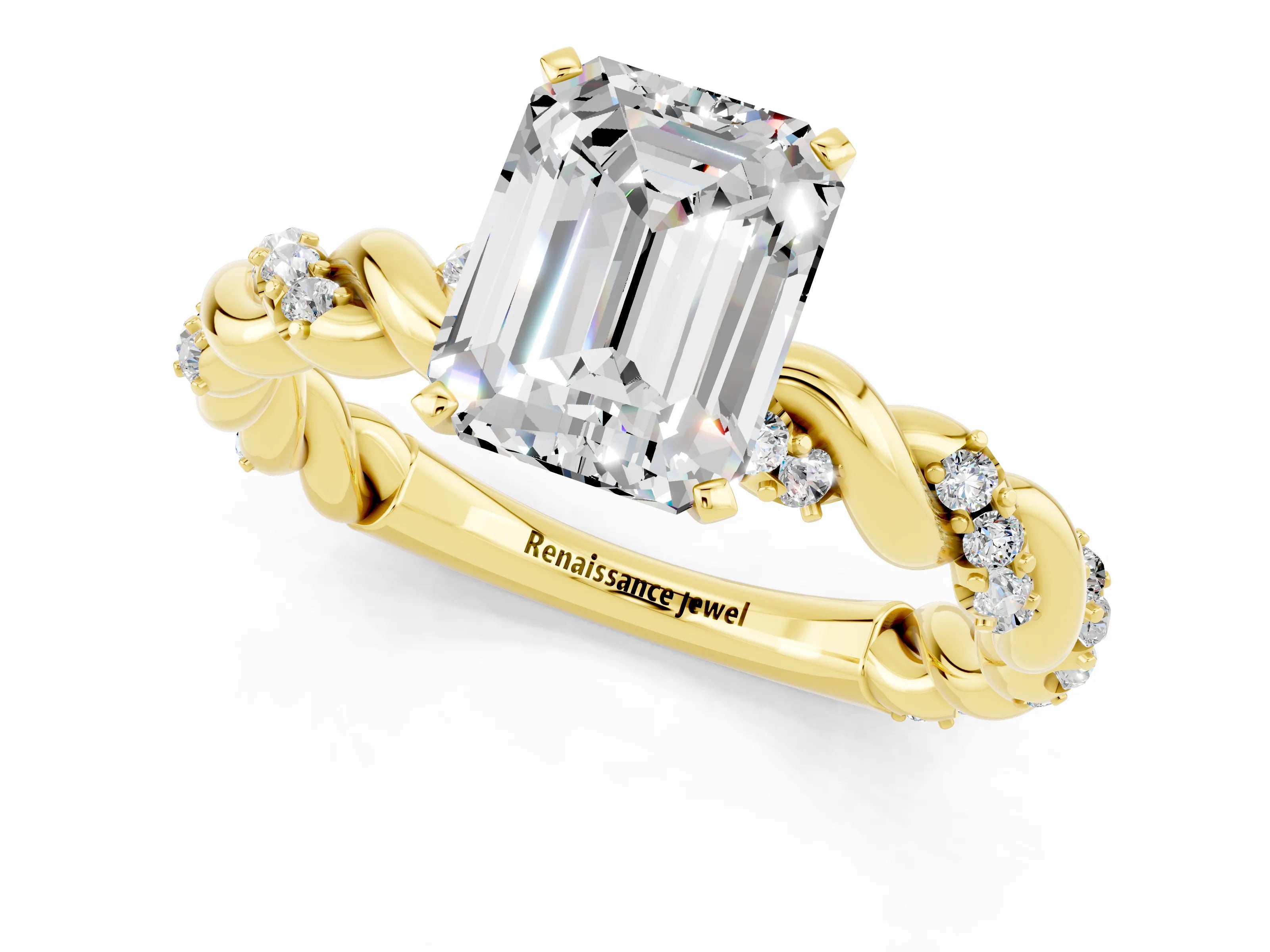 Yellow gold Emerald Cut Moissanite Solitaire Ring with Twisted Band and Pavé Accents_1