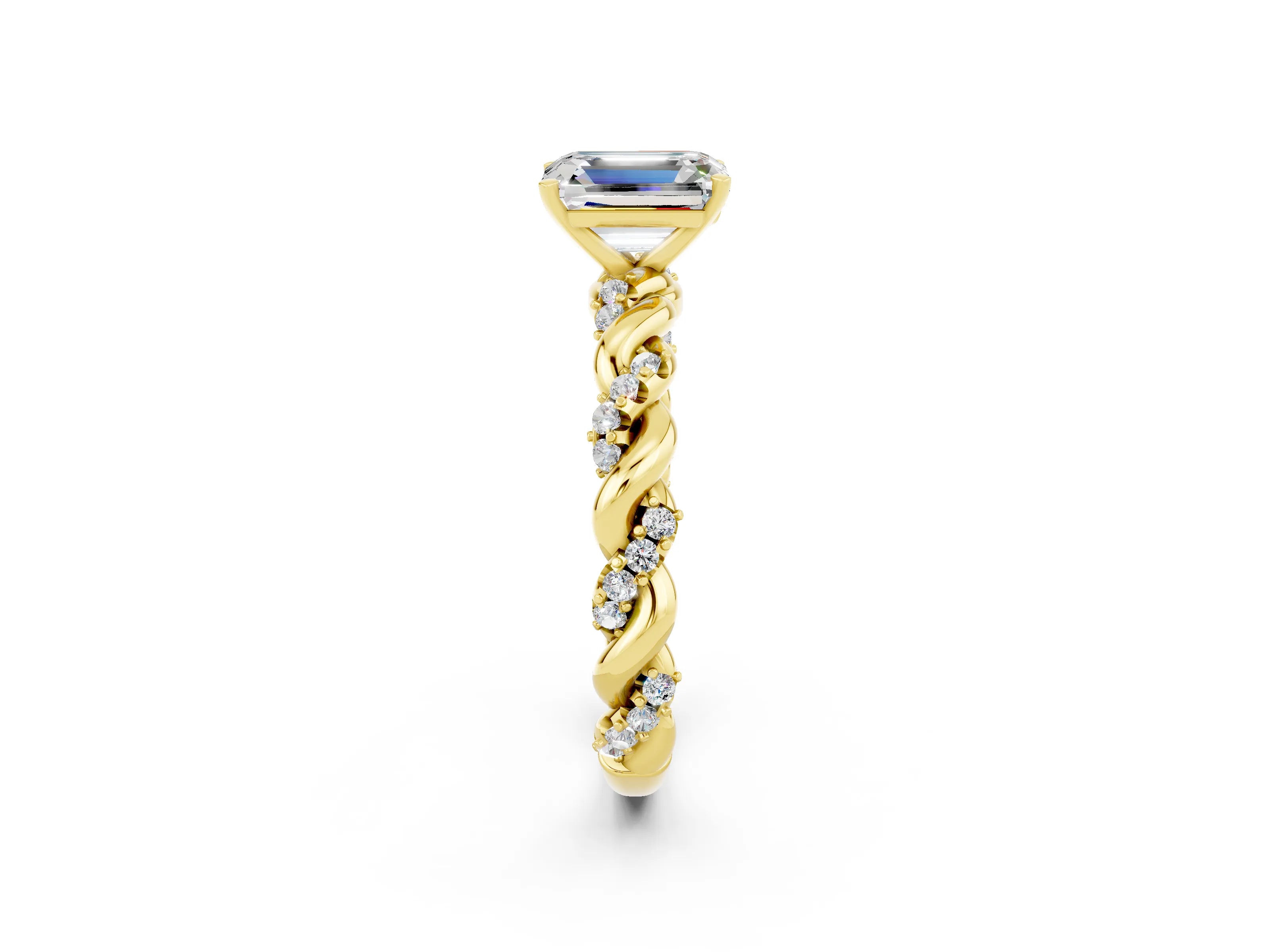 Yellow gold Emerald Cut Moissanite Solitaire Ring with Twisted Band and Pavé Accents_2