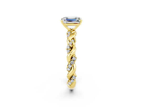Yellow gold Emerald Cut Moissanite Solitaire Ring with Twisted Band and Pavé Accents