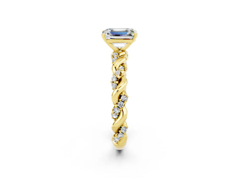 Yellow gold Emerald Cut Moissanite Solitaire Ring with Twisted Band and Pavé Accents_2