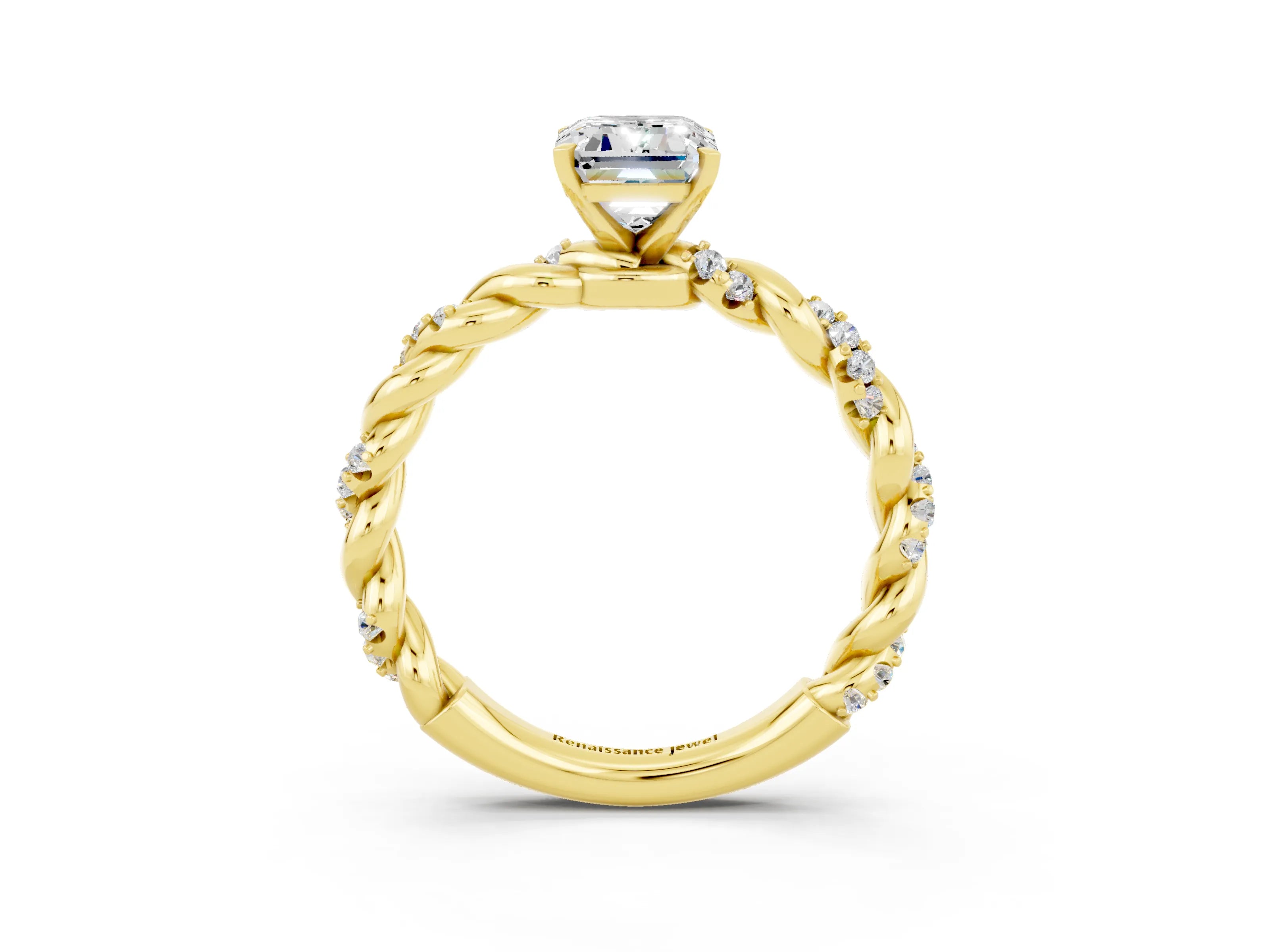 Yellow gold Emerald Cut Moissanite Solitaire Ring with Twisted Band and Pavé Accents_3