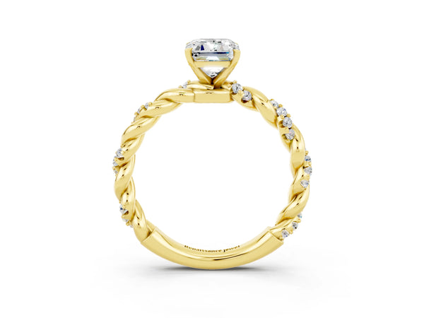 Yellow gold Emerald Cut Moissanite Solitaire Ring with Twisted Band and Pavé Accents