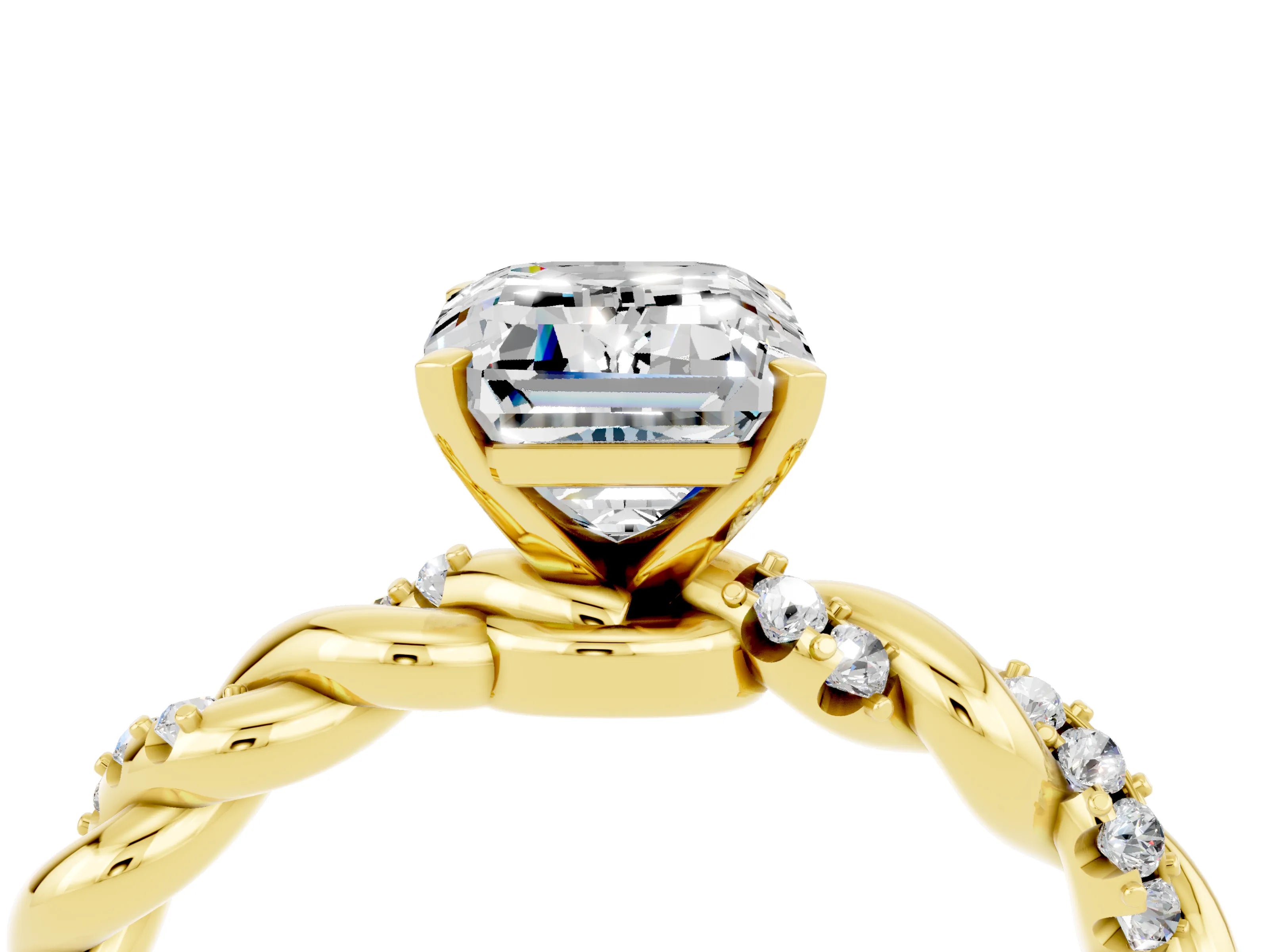 Yellow gold Emerald Cut Moissanite Solitaire Ring with Twisted Band and Pavé Accents_4