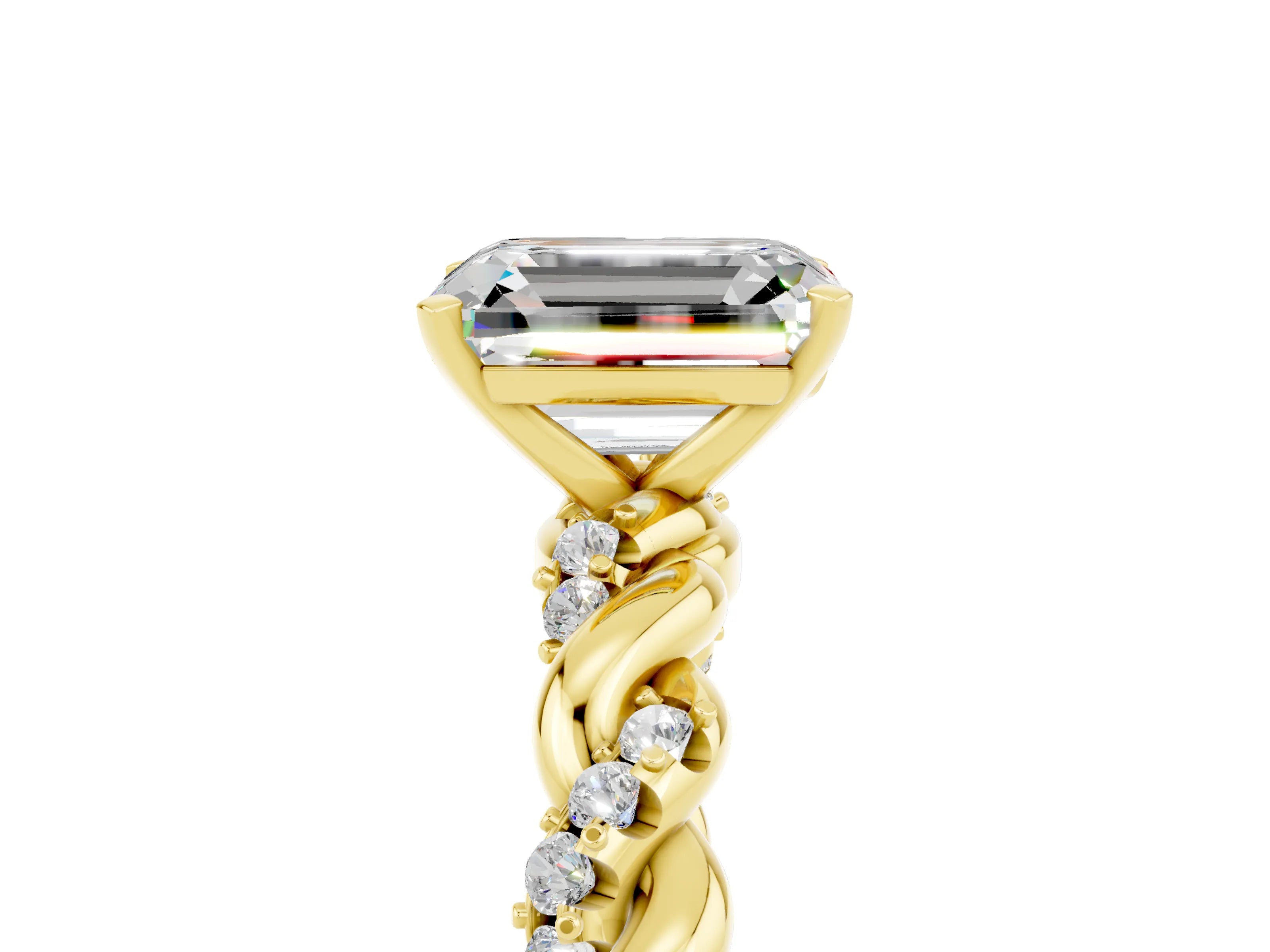 Yellow gold Emerald Cut Moissanite Solitaire Ring with Twisted Band and Pavé Accents_5
