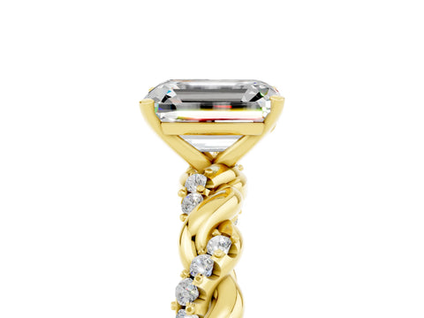 Yellow gold Emerald Cut Moissanite Solitaire Ring with Twisted Band and Pavé Accents_5