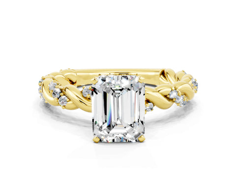 Yellow gold Emerald Cut Moissanite Solitaire Ring with Twisted Band and Pavé Accents