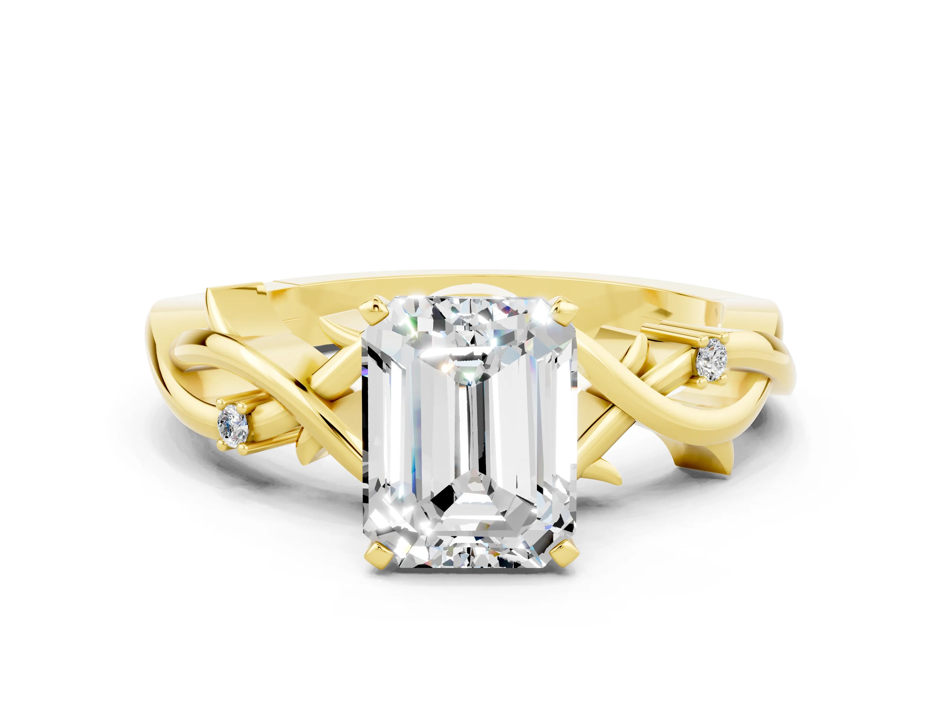 Yellow gold Emerald Cut Moissanite Solitaire Ring with Twisted Band and Prong Setting