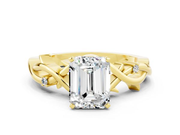 Yellow gold Emerald Cut Moissanite Solitaire Ring with Twisted Band and Prong Setting