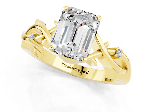 Yellow gold Emerald Cut Moissanite Solitaire Ring with Twisted Band and Prong Setting_1