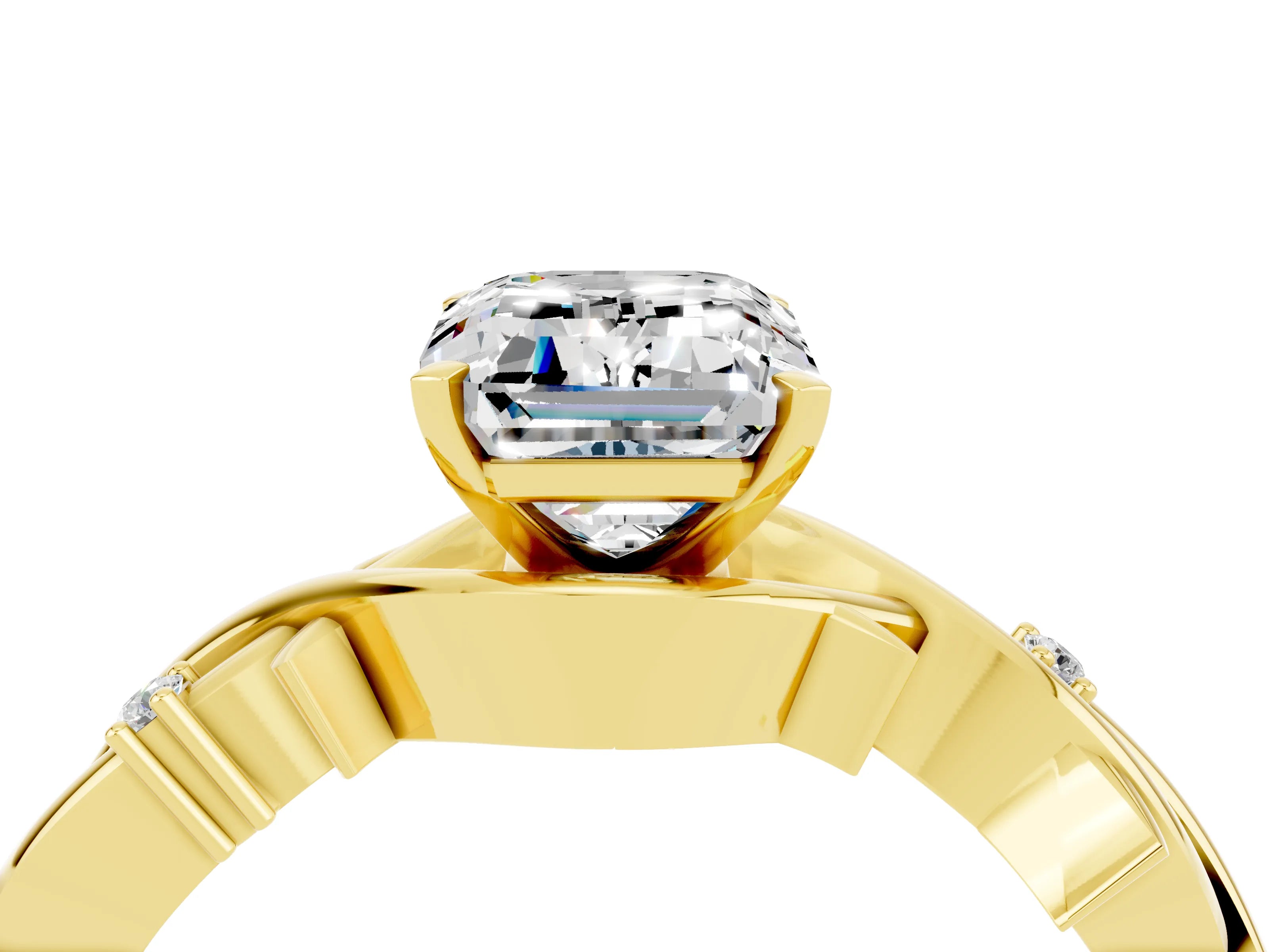 Yellow gold Emerald Cut Moissanite Solitaire Ring with Twisted Band and Prong Setting_4