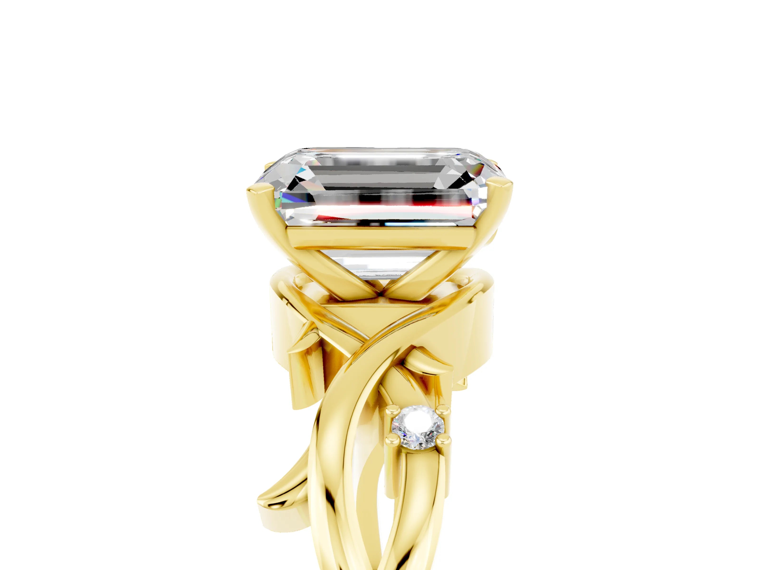 Yellow gold Emerald Cut Moissanite Solitaire Ring with Twisted Band and Prong Setting_5