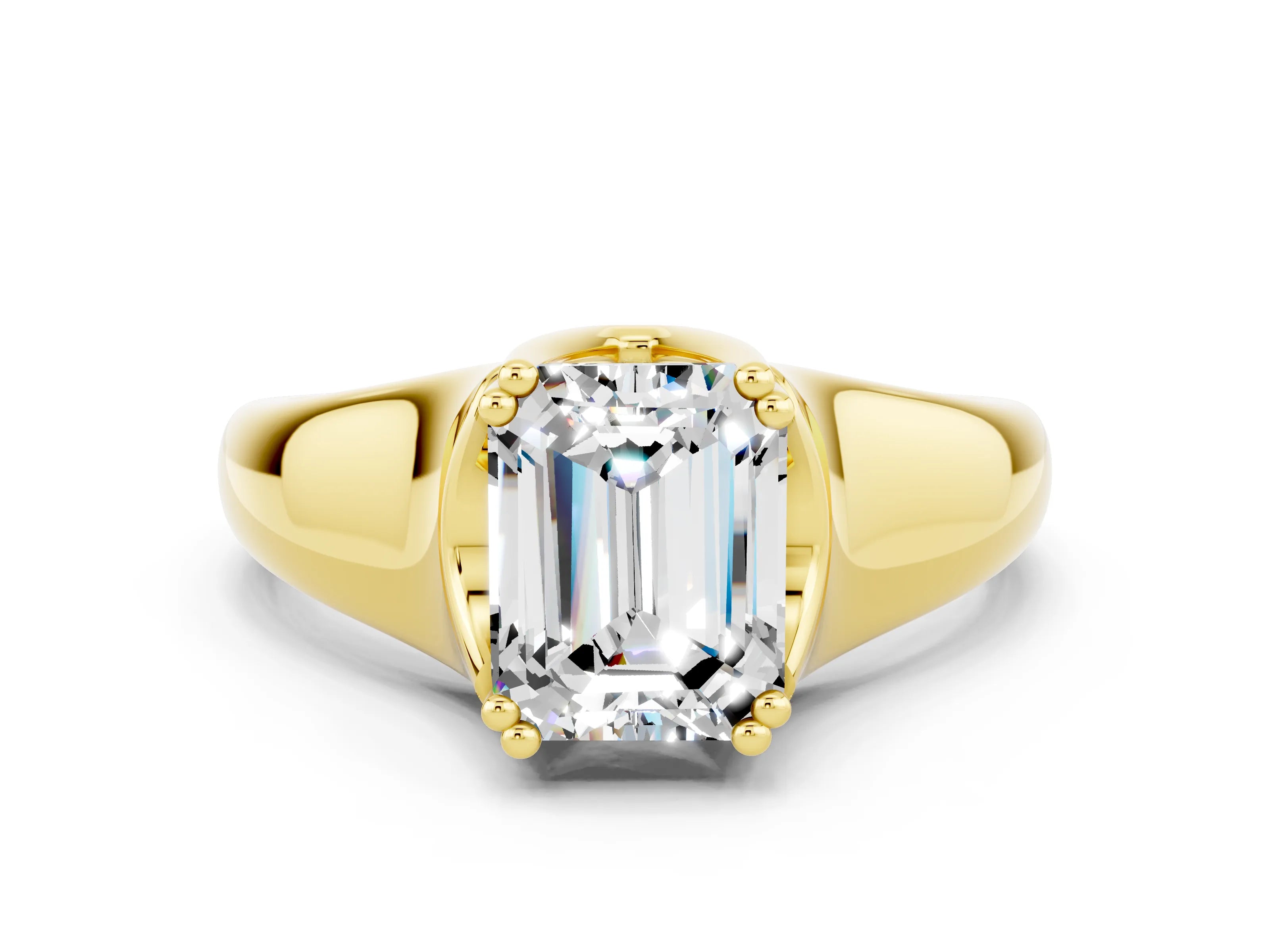 Yellow gold Emerald Cut Moissanite Solitaire Ring with Wide Band and Prong Setting