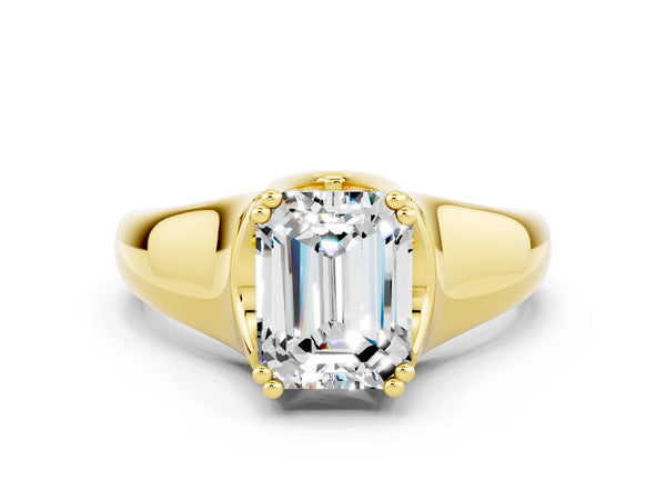 Yellow gold Emerald Cut Moissanite Solitaire Ring with Wide Band and Prong Setting