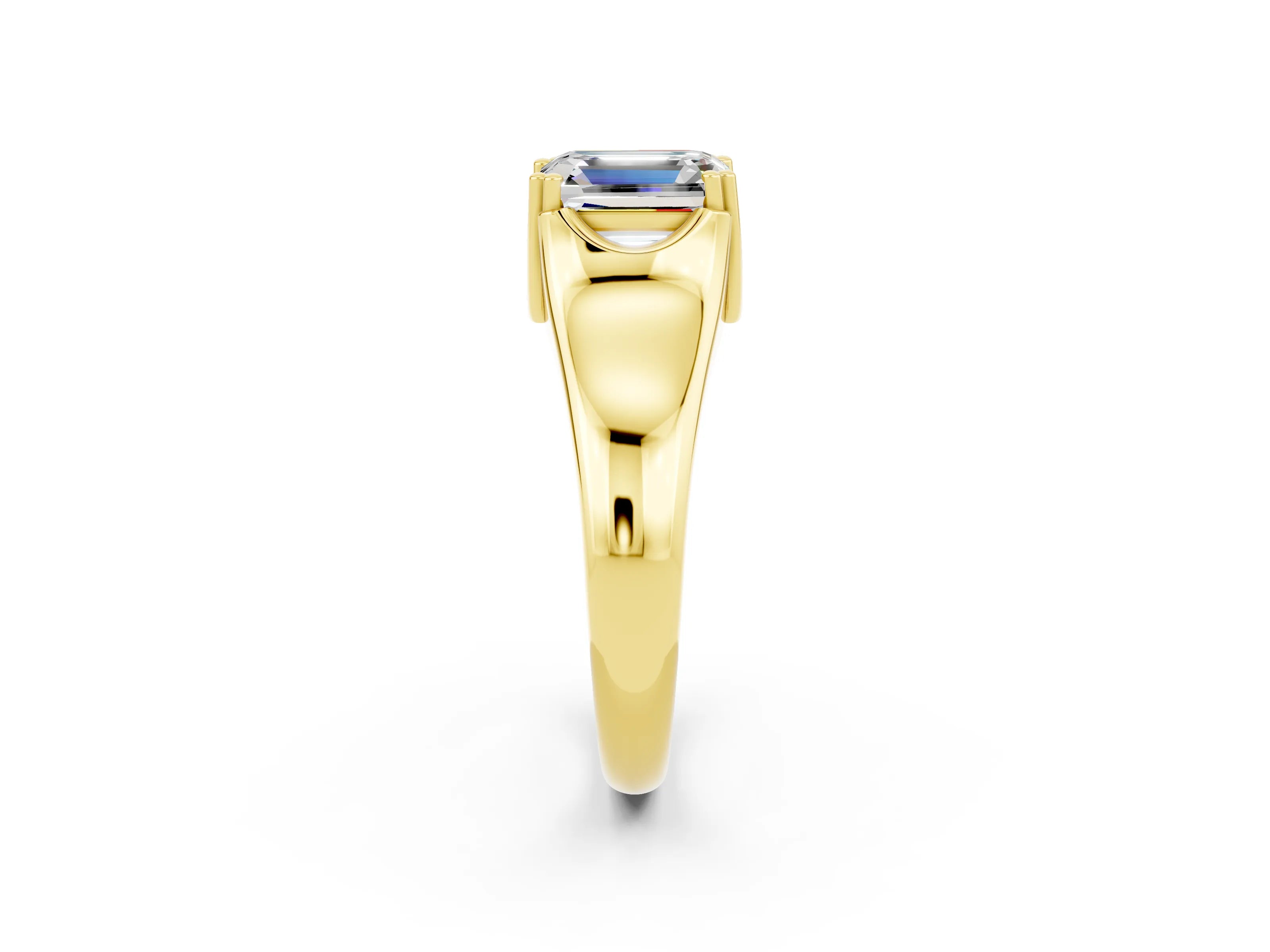 Yellow gold Emerald Cut Moissanite Solitaire Ring with Wide Band and Prong Setting_2