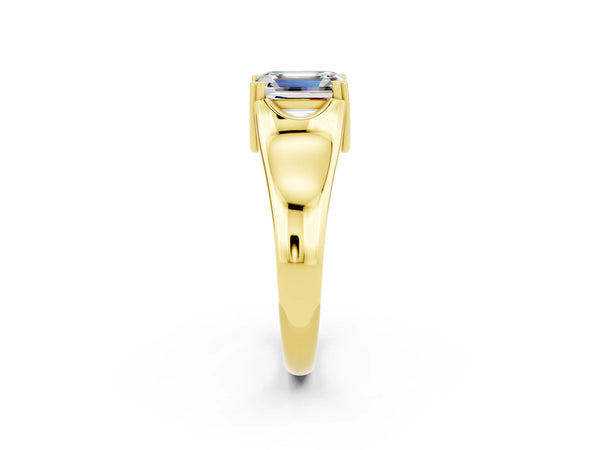 Yellow gold Emerald Cut Moissanite Solitaire Ring with Wide Band and Prong Setting