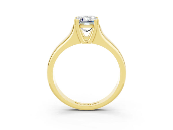 Yellow gold Emerald Cut Moissanite Solitaire Ring with Wide Band and Prong Setting