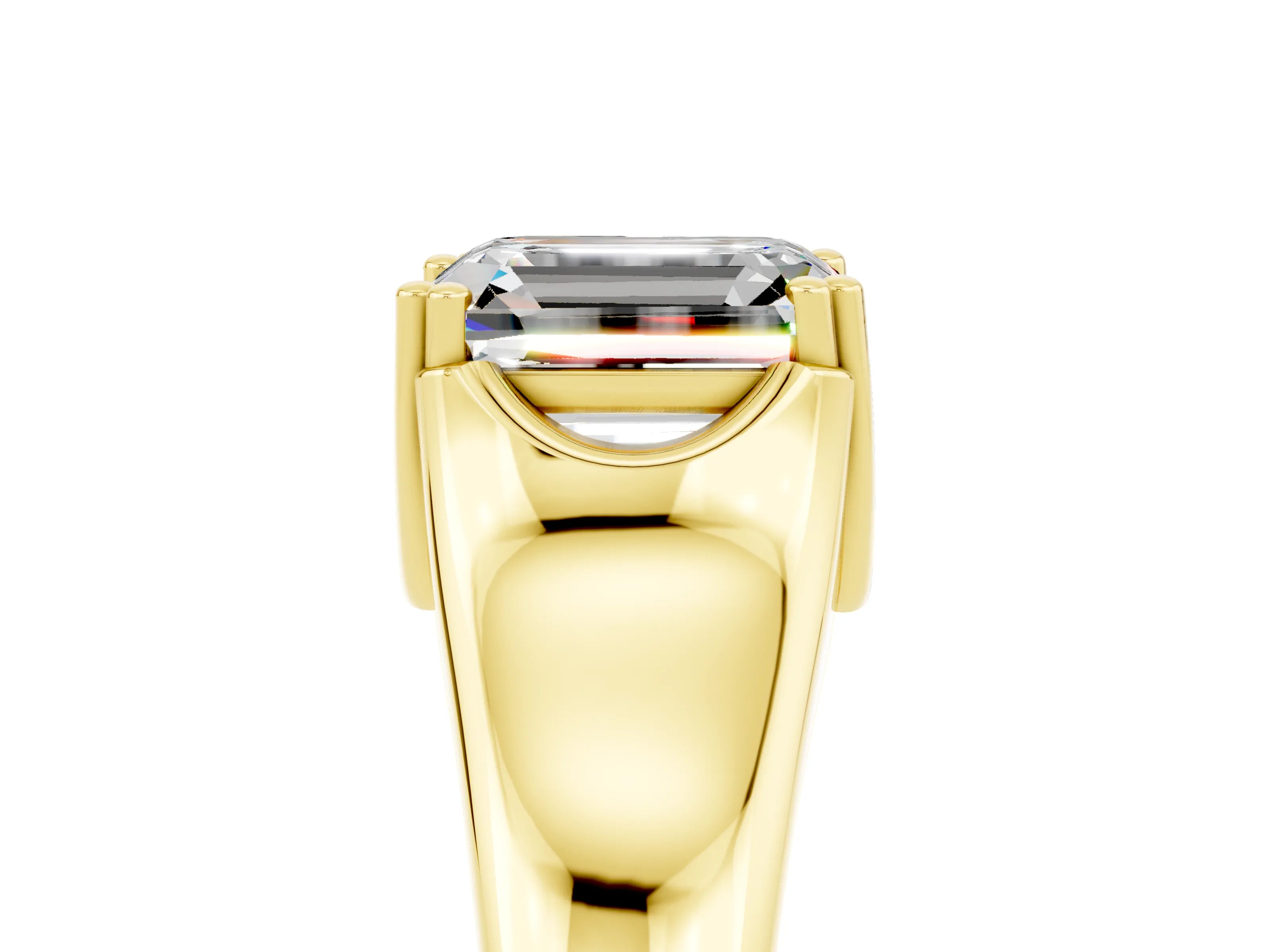 Yellow gold Emerald Cut Moissanite Solitaire Ring with Wide Band and Prong Setting_5