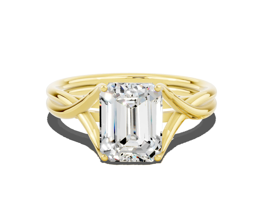 Yellow gold Emerald Cut Moissanite Solitaire Twist Band Prong Setting Ring_36
