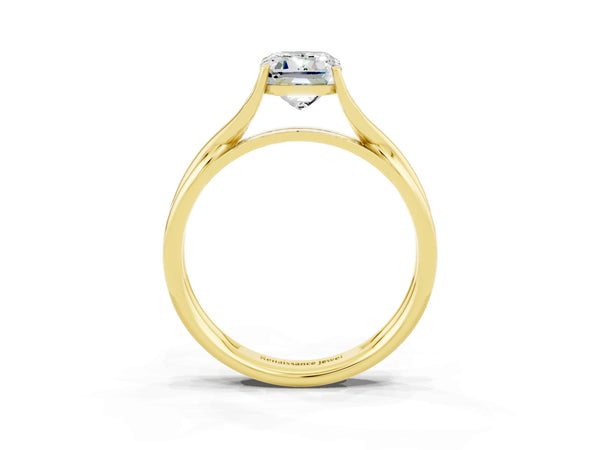 Yellow gold Emerald Cut Moissanite Solitaire Twist Band Prong Setting Ring
