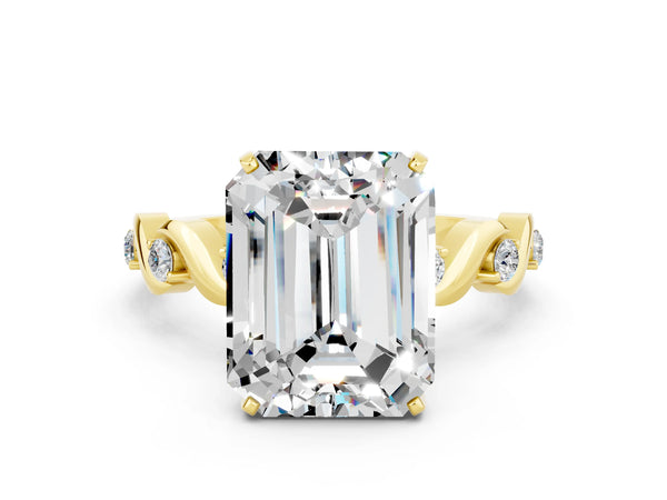 Yellow gold Emerald Cut Moissanite Solitaire Twisted Band with Round  Accents and Prong Setting