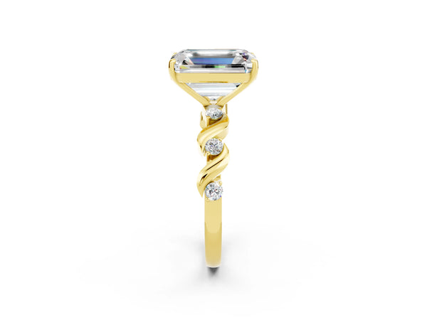Yellow gold Emerald Cut Moissanite Solitaire Twisted Band with Round  Accents and Prong Setting