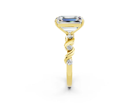 Yellow gold Emerald Cut Moissanite Solitaire Twisted Band with Round  Accents and Prong Setting_14