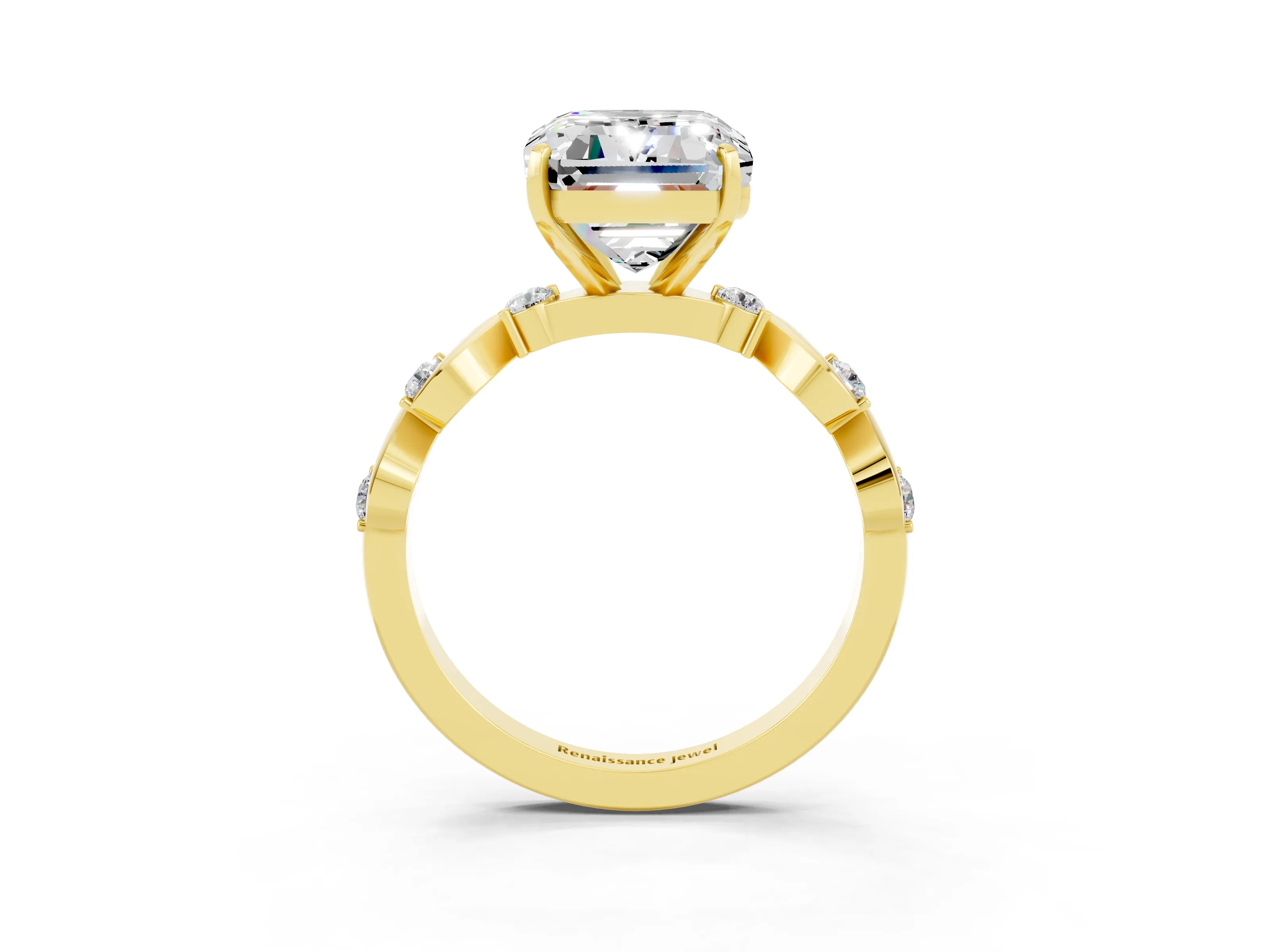 Yellow gold Emerald Cut Moissanite Solitaire Twisted Band with Round  Accents and Prong Setting_15