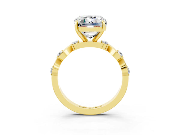 Yellow gold Emerald Cut Moissanite Solitaire Twisted Band with Round  Accents and Prong Setting
